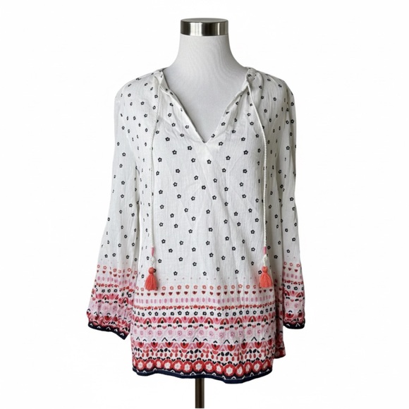 Boden Gauzy Tassel Tie Neck Boho Top Womens Size 4 White Floral - Picture 3 of 8